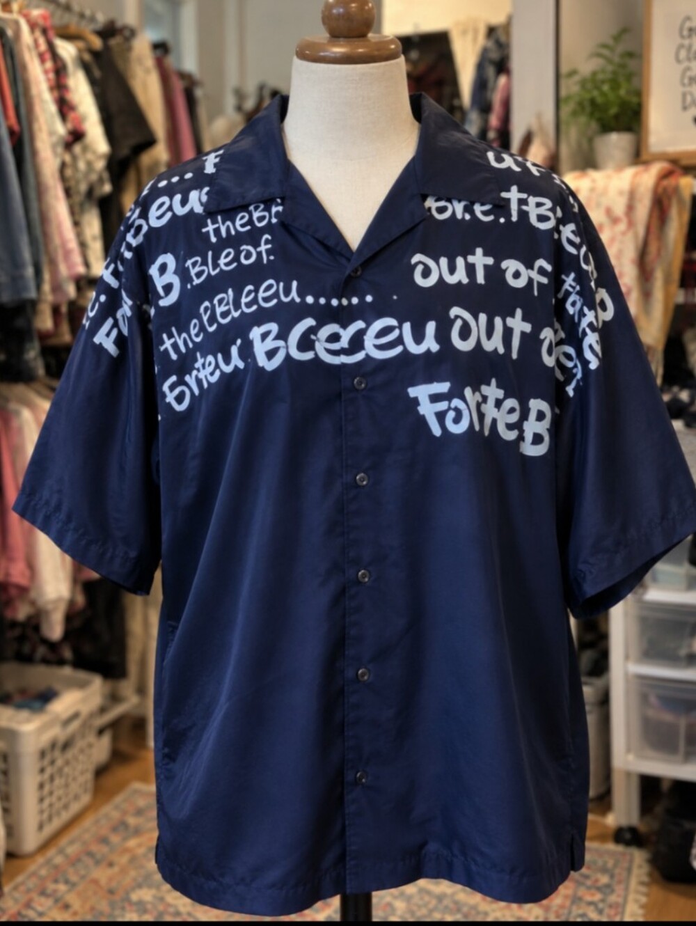 Forte Bleu Men’s Graphic Button-Up Shirt Medium Navy Y2K Streetwear